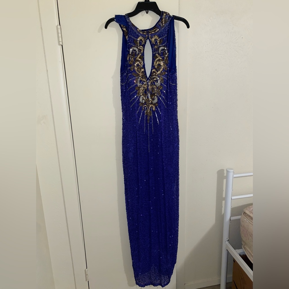 Royal Blue & Gold Beaded Evening Gown
